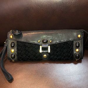 COLE HAAN Village Weave Black Leather Zipper Clutch, Wallet with Wristlet Strap